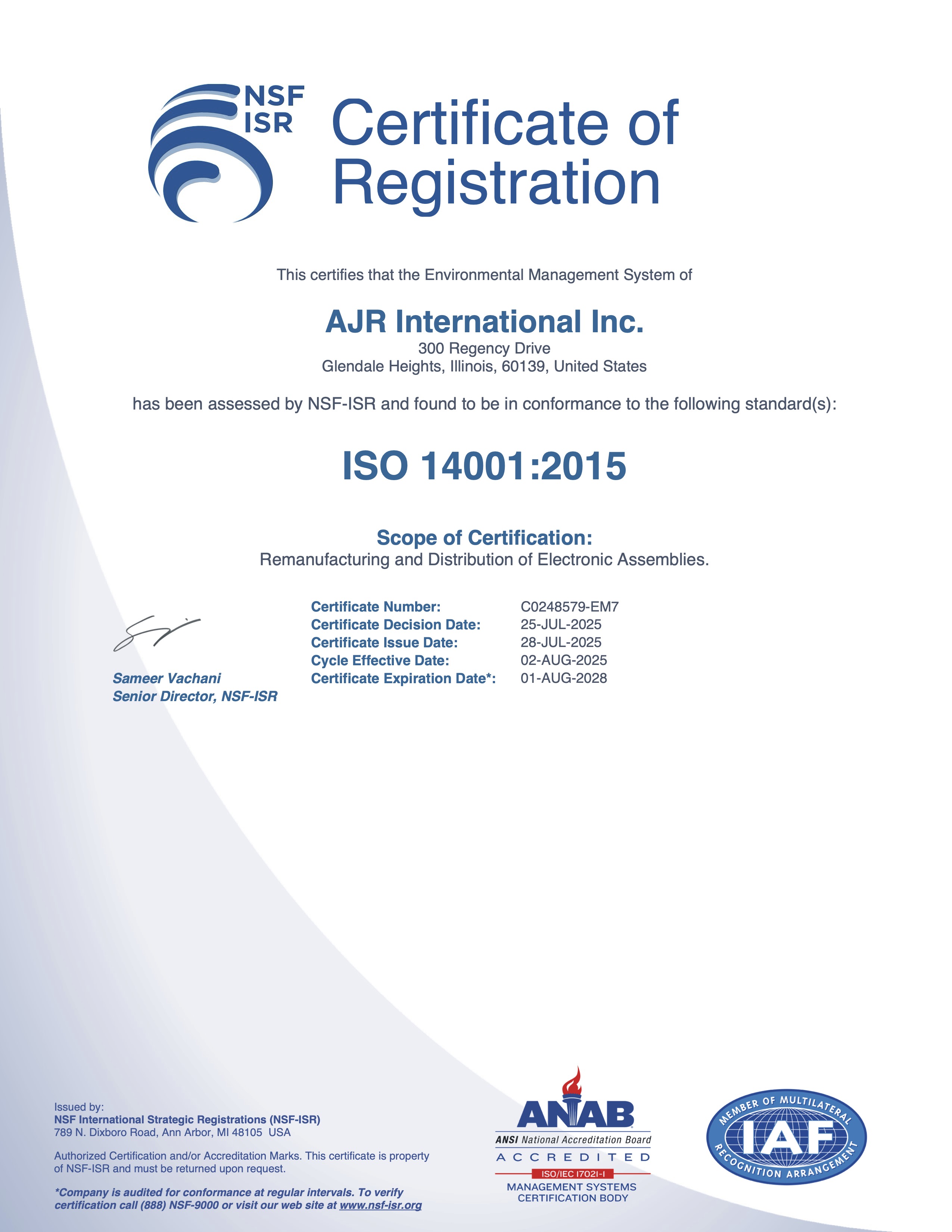 ISO 14001:2015 Certificate - AJR International