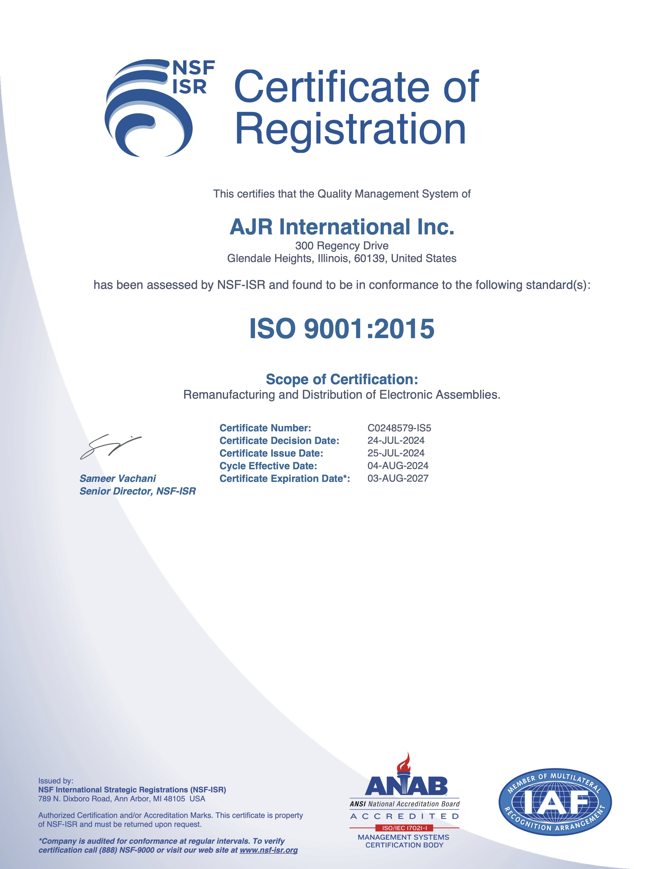 ISO 9001:2015 Certificate - AJR International